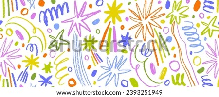 Colorful seamless banner design with doodle stars and comets. Charcoal cosmic motif with hand drawn doodle magic stars. Childish style of meteoroid, comet and asteroid. Childish freehand drawing. Royalty-Free Stock Photo #2393251949