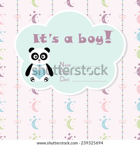 Baby boy arrival card. Baby shower card. Newborn baby card with panda, colorful moons and stars and bows on a colorful strips background. The text is drawn, the text can be removed 