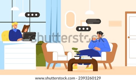 Office reception concept. Team of recepionists with waiting client. Tourist in hotel. Holiday and vacation. Service staff and secretary at workplace. Cartoon flat vector illustration Royalty-Free Stock Photo #2393260129