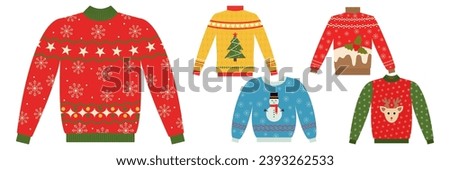 Cute ugly Christmas sweaters vector set in red and green colors, Sweater party clip art collection for invitations and greeting cards