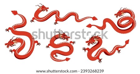 Red Dragon illustrations collection. Chinese new year 2024 year of the dragon - red traditional Chinese vector designs with dragons. Lunar new year concept, modern design