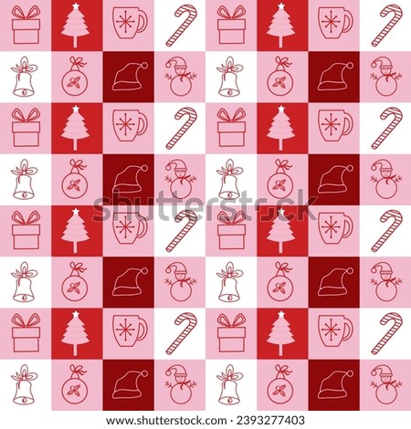 Pattern of squares with Christmas and New Year elements. Christmas tree, bell, balls and gifts, cup and cane. Vector. For textiles, clothing, packaging, social networks and web pages, party decor.