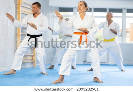 Athletes stand in row and repeat perform karate kata wrestling movements. Senior student group practicing kicks and punches in unison, is intently preparing for sparring.