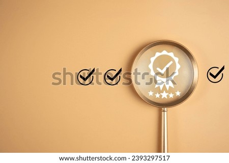 Quality guarantee and best service value concept. Warranty assurance with five stars in magnifying glass focus. High quality management of  product and certificate award, business excellence. Royalty-Free Stock Photo #2393297517