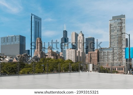 Skyscrapers Cityscape Downtown, Chicago Skyline Buildings. Beautiful Real Estate. Day time. Empty rooftop View. Success concept. Royalty-Free Stock Photo #2393315321