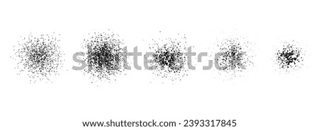 Stippled radial brush strokes. Grain dotted gradient collection. Grunge sprinkle spray texture. Dirty dust sand noise round elements. Splattered dotted overlay set. Black splashed stains spots vector