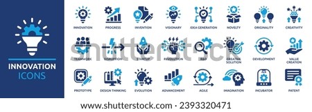 Innovation icon set. Containing creativity, invention, prototype, visionary, idea generation, agile, revolution and more. Solid vector icons collection. Royalty-Free Stock Photo #2393320471