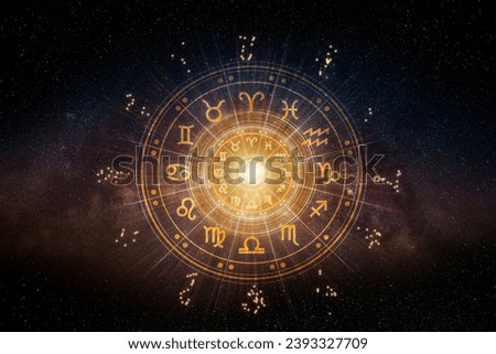 Zodiac signs inside of horoscope circle. Astrology in the sky with many stars and moons astrology and horoscopes concept Royalty-Free Stock Photo #2393327709