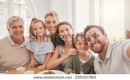 Parents, grandparents and children with selfie, dinner and portrait for memory, happy and together in family home. Men, women and kids with food, profile picture or brunch with love on social media