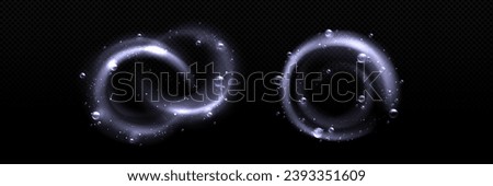 Water swirls with foam bubbles set isolated on transparent background. Vector realistic illustration of shampoo, soap, washing detergent vortex, circular whirlwind wave, fizzy twirl with oxygen balls Royalty-Free Stock Photo #2393351609