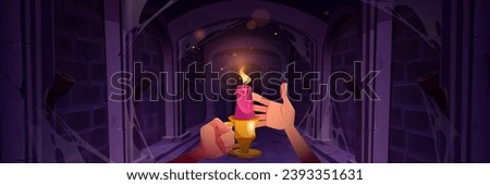 Hands with candle in abandoned dungeon. Vector cartoon illustration of dark corridor in old medieval castle, dust, spooky cobweb, torches on stone walls, haunted palace, Halloween adventure background