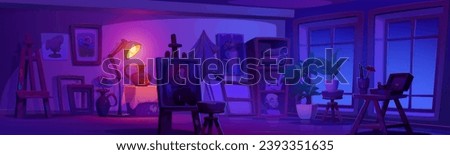 Night art studio room interior with equipment. Vector cartoon illustration of dark artist workshop with furniture, sculptures and painting canvas on shelf, wooden easel and paint tubes, lamp, windows