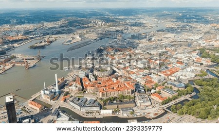Gothenburg, Sweden. River Gota Alv and Rosenlund Canal. Panoramic view of the central part of the city. Summer day. Cloudy weather, Aerial View   Royalty-Free Stock Photo #2393359779