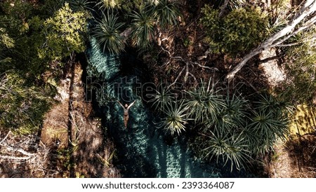 Aerial picture of a girl swimming in the hot springs in Mataranka, Australia. Beautiful clear warm river between the palm trees of Northern Territory. 