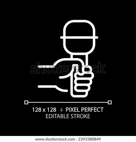 Hand with microphone pixel perfect white linear icon for dark theme. Audio recording equipment. Journalist at interview. Thin line illustration. Isolated symbol for night mode. Editable stroke
