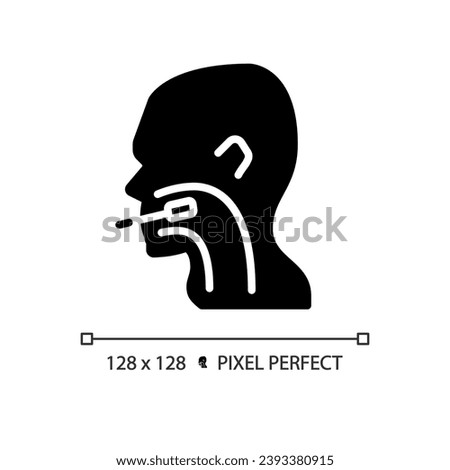 Throat exam black glyph icon. Medical checkup of patient. Taking sample for tests with probe. Healthcare. Silhouette symbol on white space. Solid pictogram. Vector isolated illustration