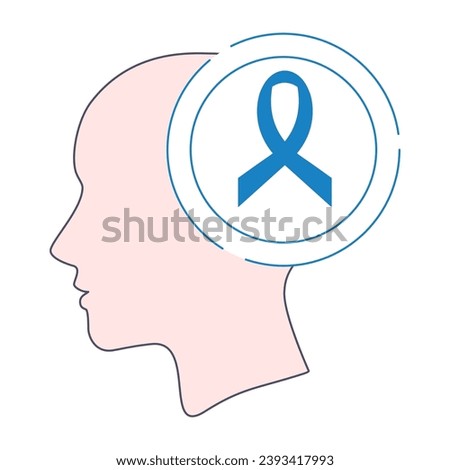 Colon cancer awareness ribbon icon. Female head in side view. Colon cancer bow emblem. Medical vector illustration.