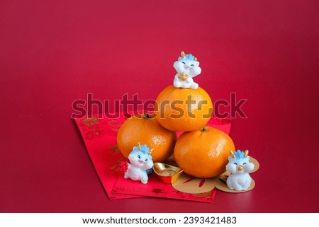 Happy New Year Chinese of the dragon 2024. Mandarin orange, dragon on red envelopes isolated on red background. The word inside picture means blessing.