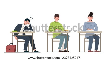 Students sitting at desk set. Education and learning. Guys and girls studying in university or school. Pupils at lecture. Cartoon flat vector collection isolated onwhite background Royalty-Free Stock Photo #2393425217