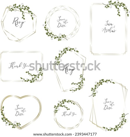 Vector set with gold frames and sprigs of green plants. Frames on white background for holiday design. 