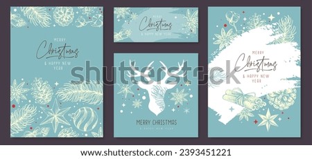 Set of Christmas holiday greeting cards or covers with floral desoration. Vector illustration