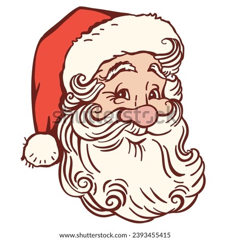 Santa Claus face Christmas vector illustration isolated on white for design. Smiling Santa head with red hat on white background.