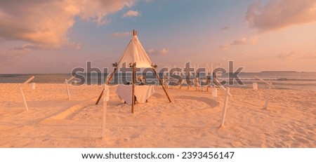 Love couple romantic proposal on paradise beach in island Maldives. Panoramic sunset of Marry Me sign at beach background. Romance colorful sky sea. Marriage proposal, honeymoon tropical destination
 Royalty-Free Stock Photo #2393456147