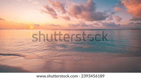 Closeup sea sand beach. Panoramic beach landscape. Inspire calm tropical seascape horizon. Colorful sunset sky clouds tranquil relax sunlight summer sunrise mood. Vacation travel holiday destination