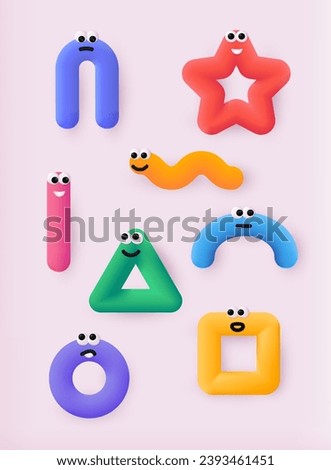 Set of various bright geometric Figures with face emotions. Cute funny characters. 3D web Vector Illustrations.