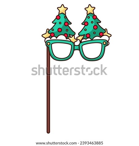 Christmas tree glasses vector illustration. Cartoon isolated cute mask prop for selfie in photo booth, festive Xmas green fir on eyeglasses for happy masquerade, present for fun Christmas party