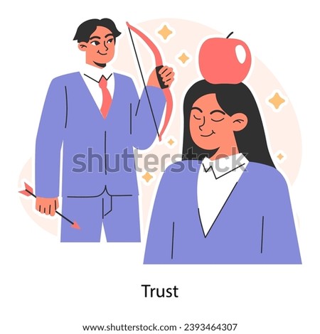 Man with a bow showcases trust, aiming near a woman with an apple on her head. Trusted partners mutual faith. Collaboration and alliance. Flat vector illustration
