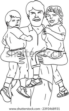 Heartwarming Cartoon: Dad Holding Twins Vector Illustration, Sweet Family Moment: Father with Two Baby Twins Clip Art, Adorable Parenting: Cartoon of Dad with Twin Kids in Arms