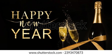 Happy new Year, celebration new year's eve holiday background banner greeting card with text - Clinking glasses, sparkling wine or champagne glasses on dark black night background 