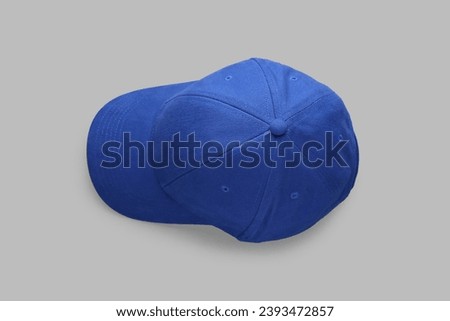 Stylish blue baseball cap on light grey background, top view