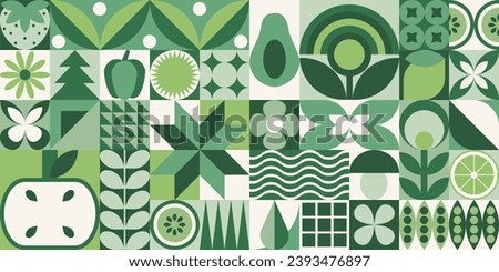  Geometric seamless floral eco pattern in green palette. Natural mosaic background with flowers, plants, fruits, vegetables and simple forms in a bauhaus style. Neo geo art. Swiss style.