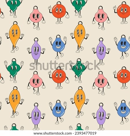 Seamless pattern with Cute Cartoons christmas balls. Happy and cheerful emotions. Old animation 60s 70s
