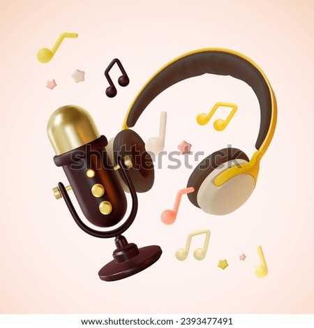 3d Headphones and Microphone Floating Objects Cartoon Style Online Broadcasting Concept. Vector illustration of Podcast Recording and Listening