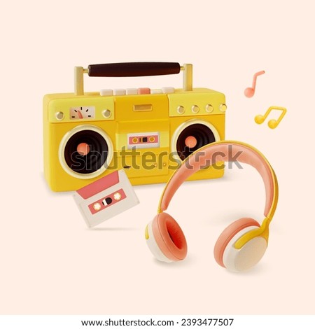 3d Retro Boombox, Audio Cassette and Headphones Set Cartoon Style Symbols of Eighties Music. Vector illustration Royalty-Free Stock Photo #2393477507