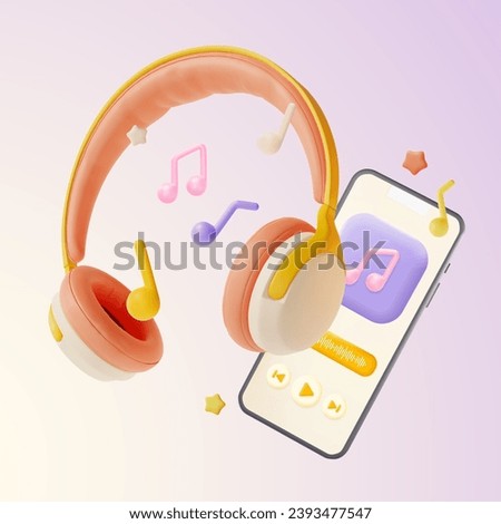 3d Headphones, Smartphone and Music Notes Symbols Floating Objects Cartoon Style. Vector illustration of Streaming Service Concept Royalty-Free Stock Photo #2393477547