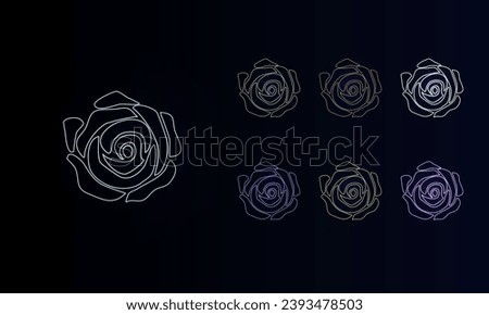 A set of neon roses. Set of different color symbols, faint neon glow. Vector illustration on black background