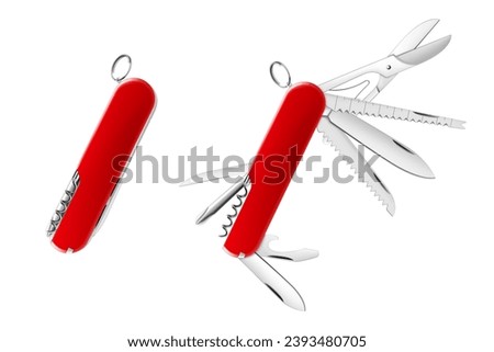 Swiss Army knife or pocket knife isolated on white background. This cutting tool is using the large blade for cutting food, slicing paper, carving wood, or gutting a fish. realistic 3d vector design Royalty-Free Stock Photo #2393480705