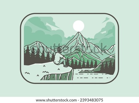 Colorful outdoor illustration of a man sits on a cliff with views of lakes, forests and mountains