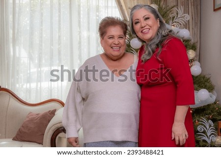 Waist up horizontal front portrait of two elegant mature Latin American women, Christmas tree on blurred background, formal red dress, happy smiling expression, long gray wavy hair, soft makeup tones