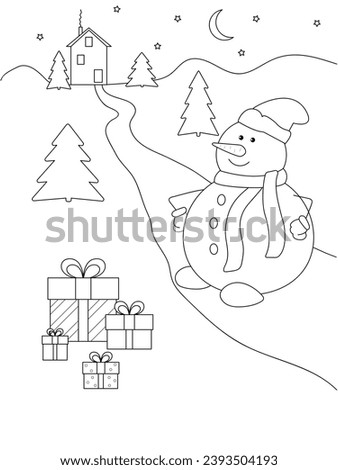 Coloring page of cute cartoon snowman with gifts. Christmas and New Year vector illustration. Greeting card background. Black and white line art for coloring page. Coloring book for children.