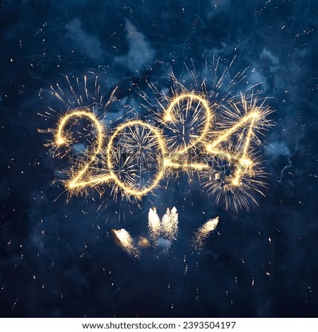 Happy New Year 2024. Beautiful creative Square holiday web banner or Greeting card with Golden firework and sparkling number 2024 on night blue sky background.