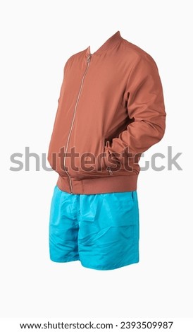 mens red bomber jacket and blue sports shorts isolated on white background. fashionable casual wear