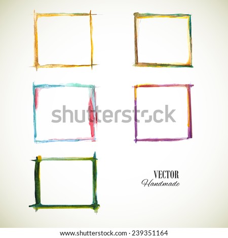 Watercolor set frame. Colorful texture frame. Vector handmade design elements. Vintage set frame . Art advertising template. Grunge color frame. Sketch frame. Orange, blue, green, violet frame.