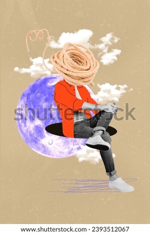 Picture creative collage of unknown unusual man no face rope instead head sitting full moon isolated on drawing background