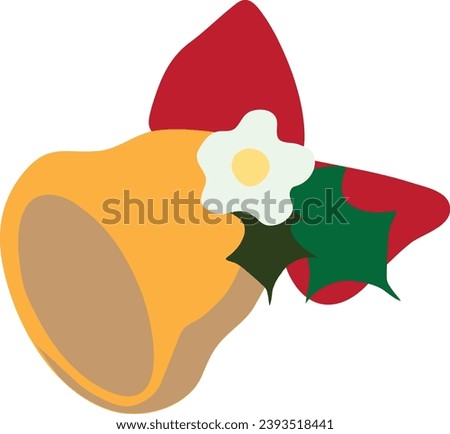 Golden Jingle bells with red ribbon and white flower.Concept Merry Christmas, Happy New Year. Cartoon flat design. Vector illustration.