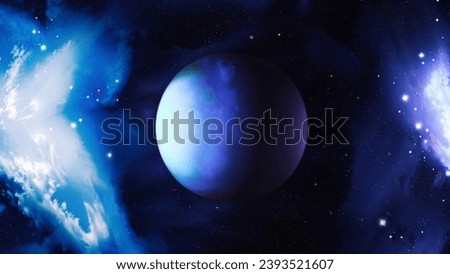 Amazing planet in the light of cosmic nebulae. Earth-like exoplanet near beautiful constellations. Space sci-fi background.